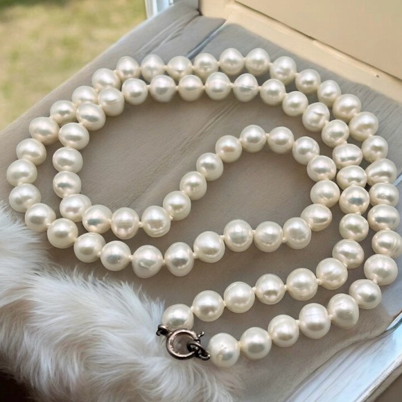 Vintage Jewelry - VTG White Freshwater Pearl Necklace w/ Sterling Silver Clasp – 16” Hand-Knotted